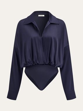 Commense Navy Satin Long-Sleeve Bodysuit